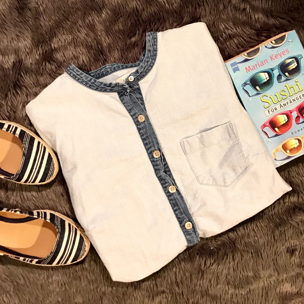 J. Crew Blue Denim Button Blouse, Darker Trim
